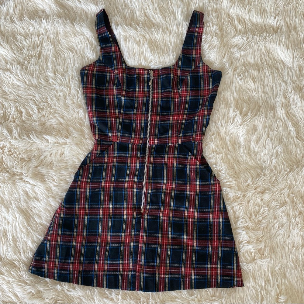 Vintage 1990s Plaid Zip Front Mini Dress with Pockets